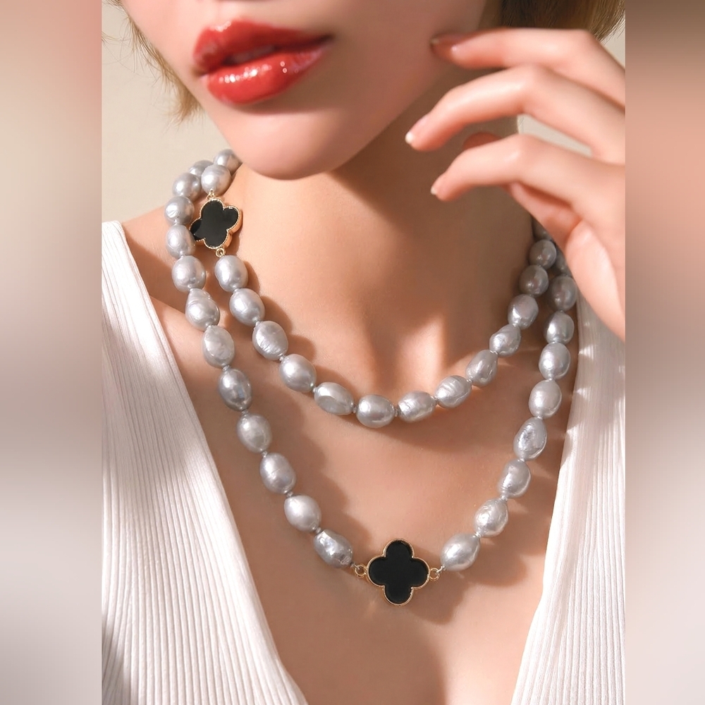 36" silver grey freshwater pearl rope necklace with clover enamel accents 🆕